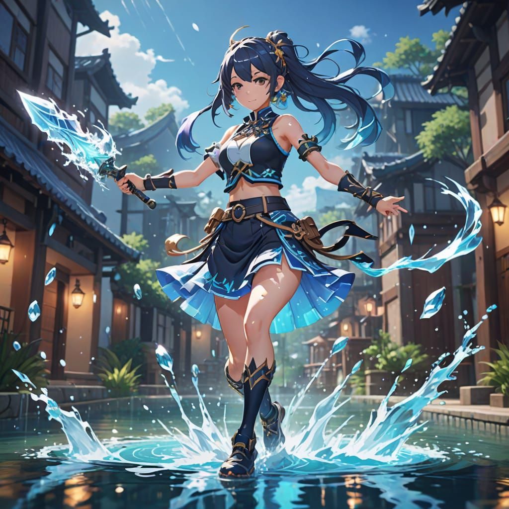 Water Element Anime Girl in Genshin Impact Style