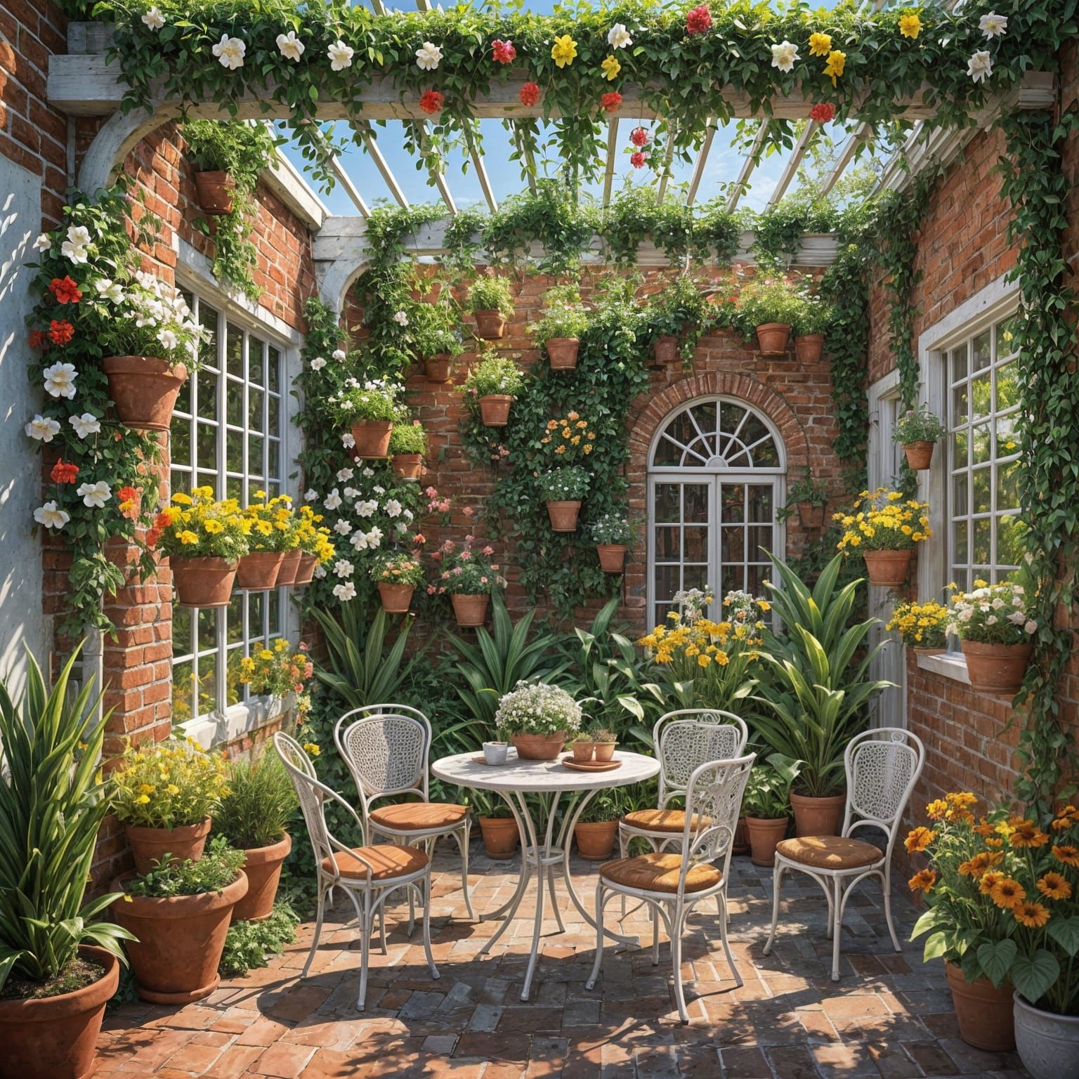 Sunlit Garden with Flowering Vines and Bistro Set
