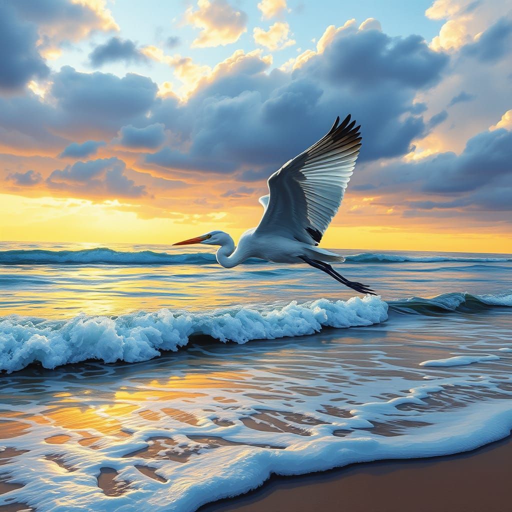 Heron's Sunset Flight: Graffiti Art Beach Scene