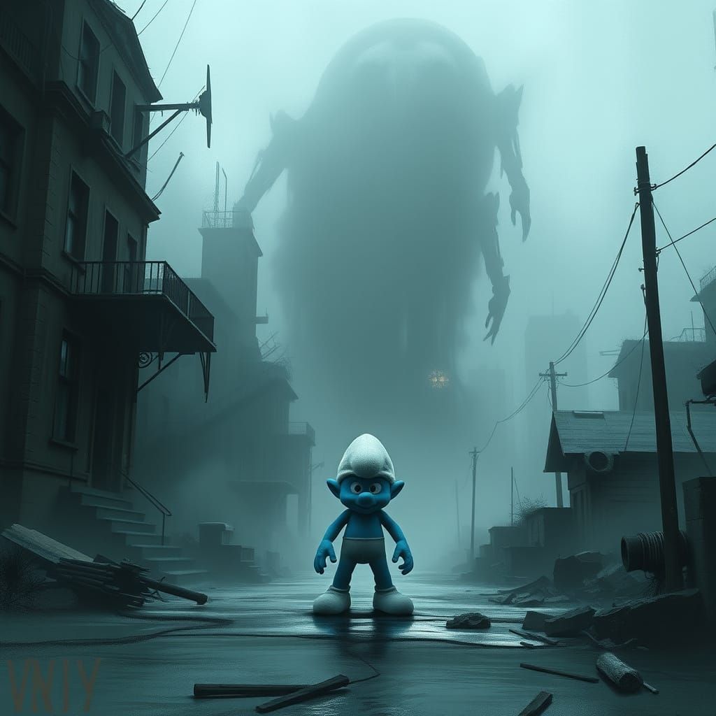 Smurf Amidst Silent Hill's Dark, Fog-Shrouded Streets