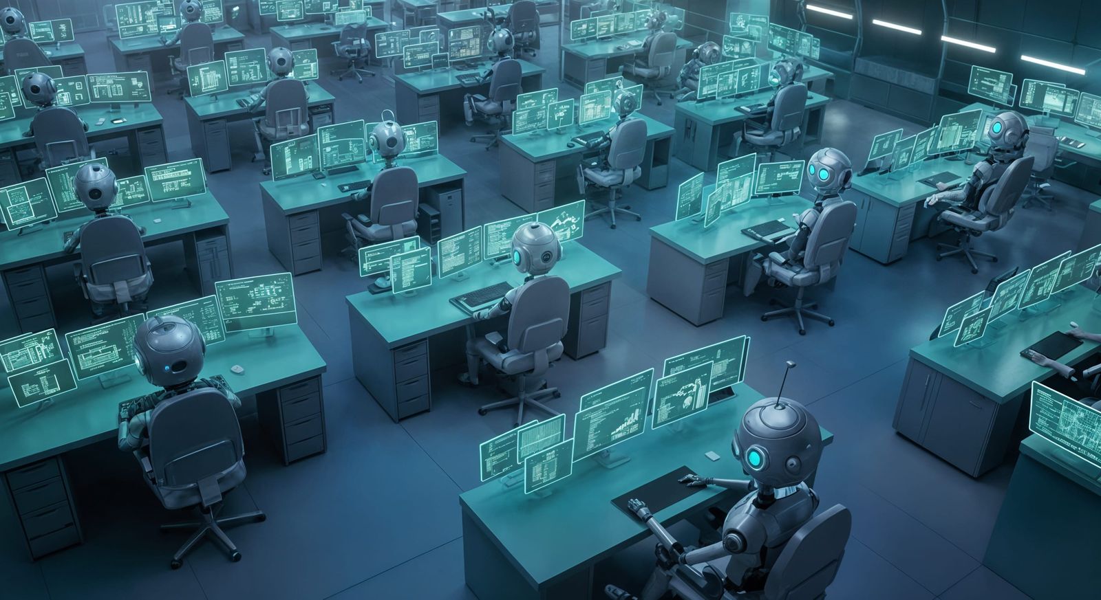 Chibi Robots Master the Future in a Dark Office Utopia