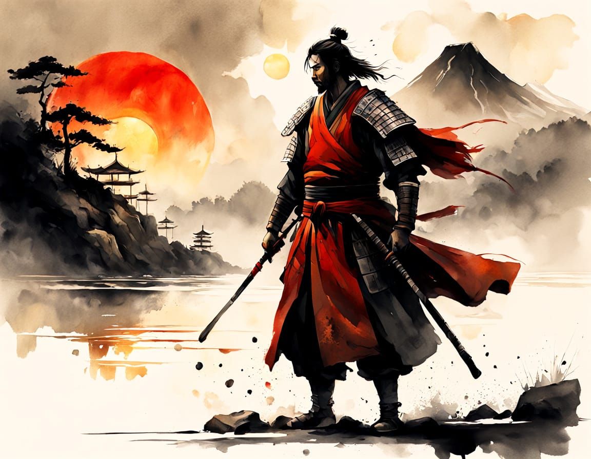 Samurai Warrior Defies the Crimson Sun in Japanese Sumi-e St...
