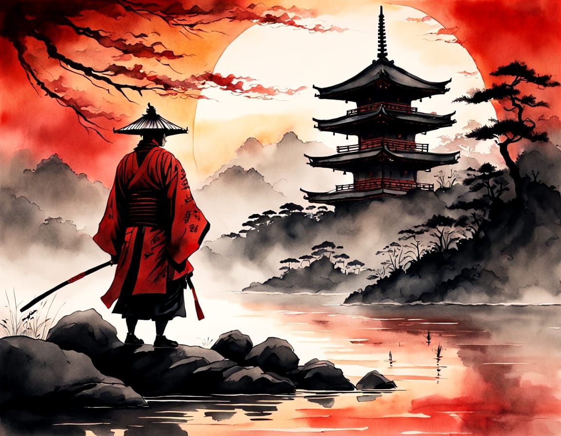 Majestic Samurai Stands Against Blood-Red Sunset