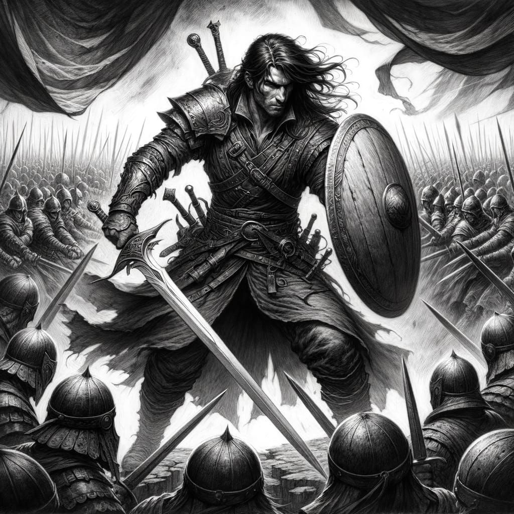 Dark Fantasy Warrior Confronts Shield Wall: Pencil Sketch