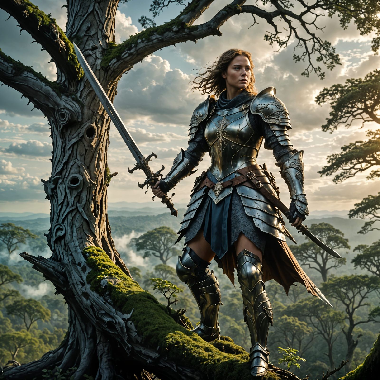 A female knight in ornate armor, sword in hand, stands defia...