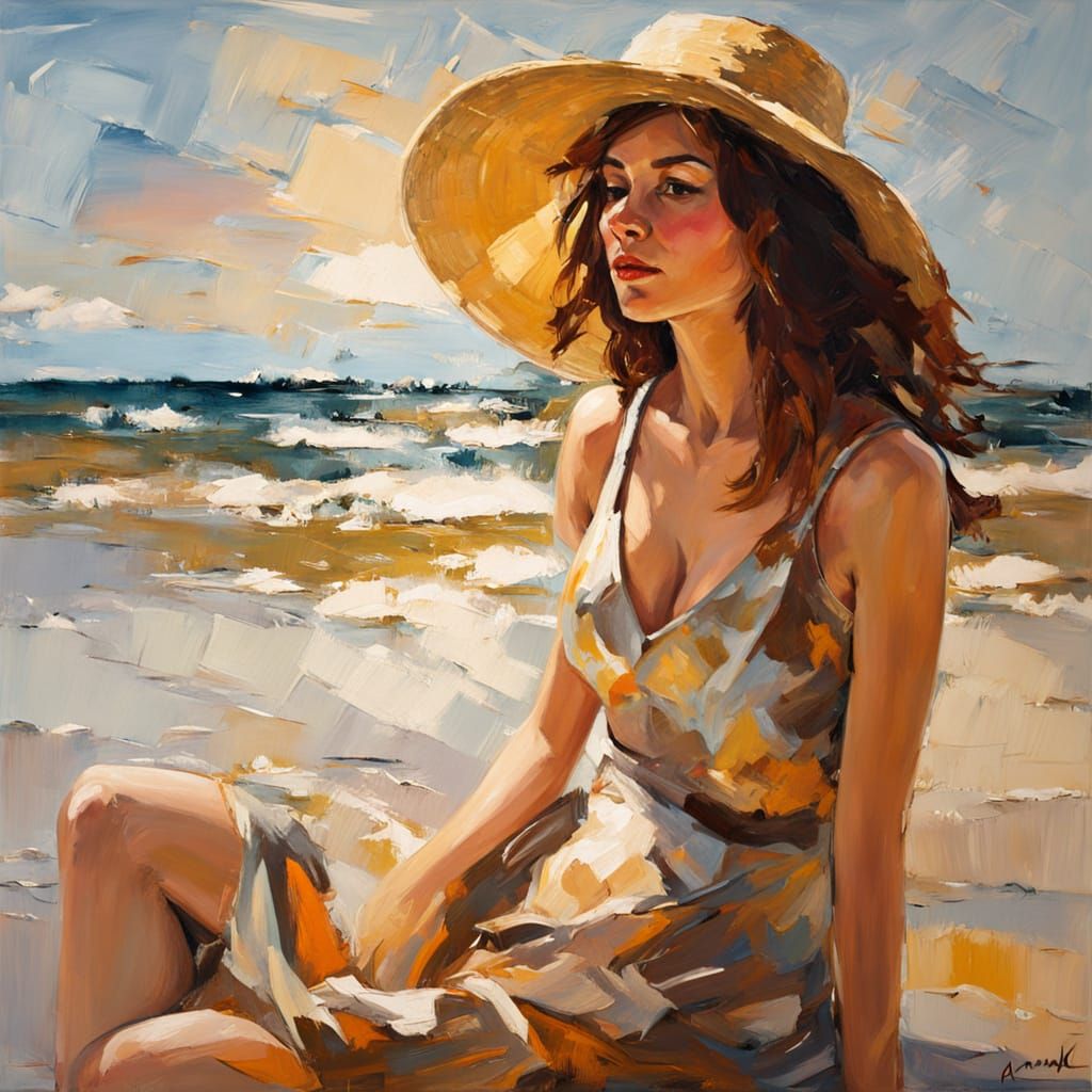 Young Woman in Straw Hat on Sunny Normandy Beach