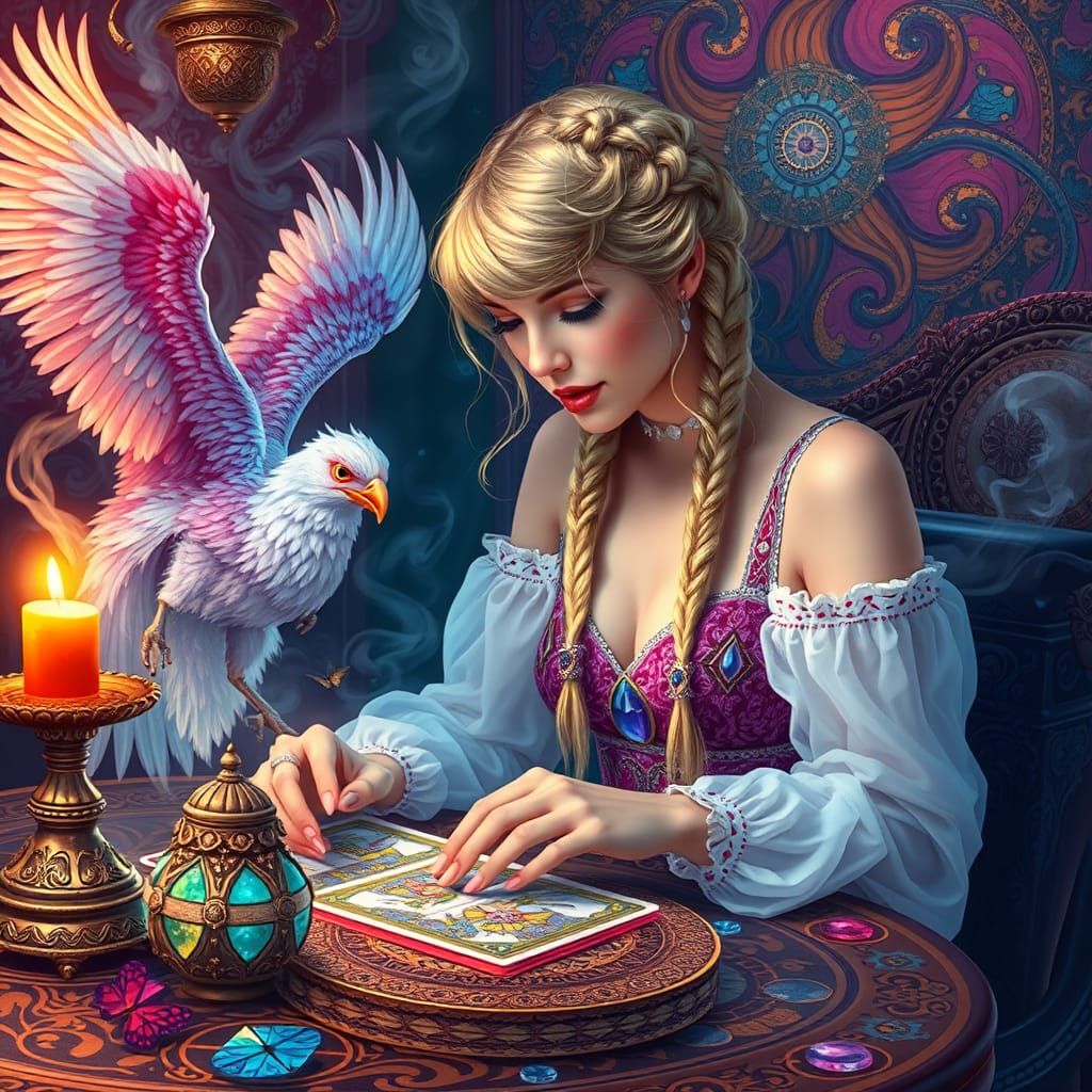 Mystical Tarot Reader with Phoenix in Digital Art Style