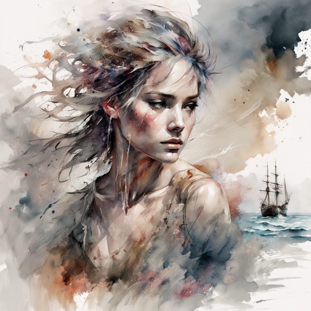 Pirate Galleon in Stormy Twilight: Watercolor Seascape