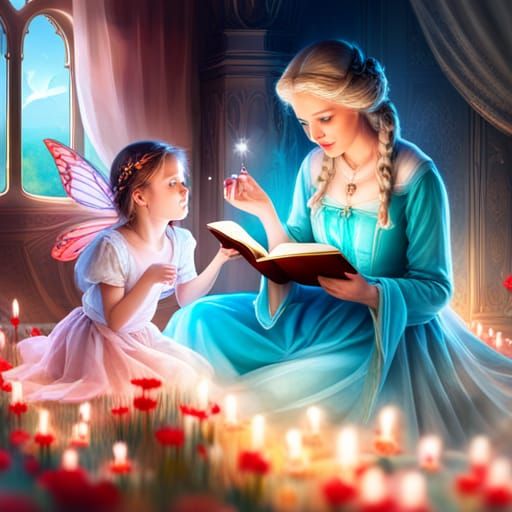 Fairy Godmother Reads to Little Fairy Girl