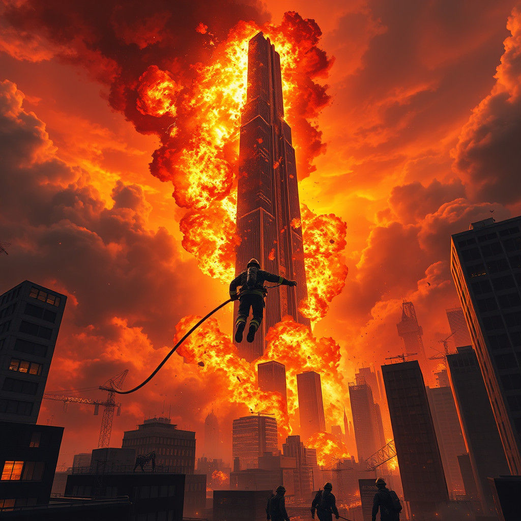 Burning Skyscraper: Futuristic Dystopian Inferno