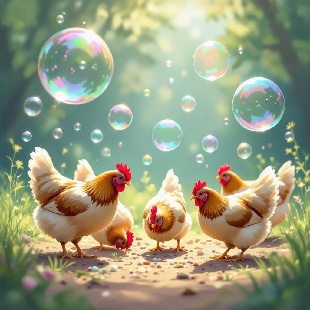 Whimsical Chickens Surrounded by Magical Bubbles