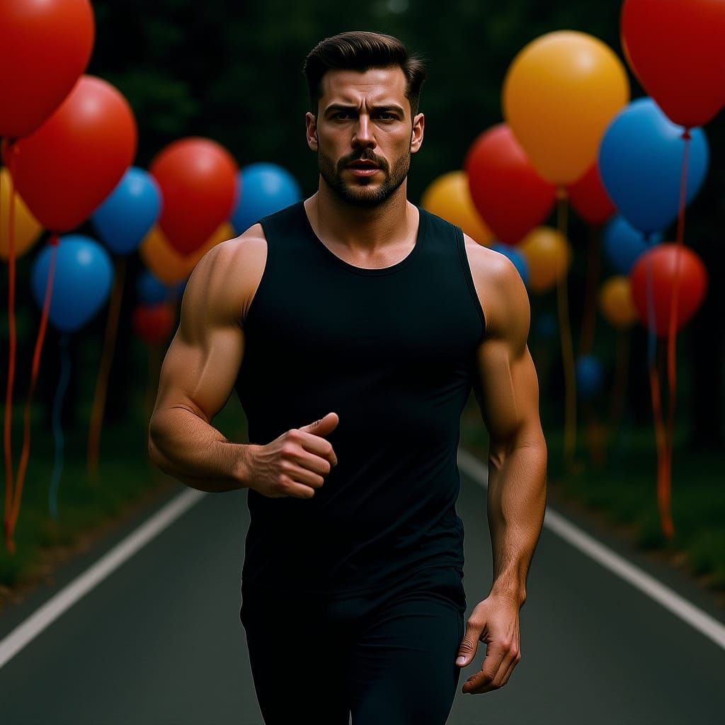 Athletic Man Runs on Balloon Road, Cinematic