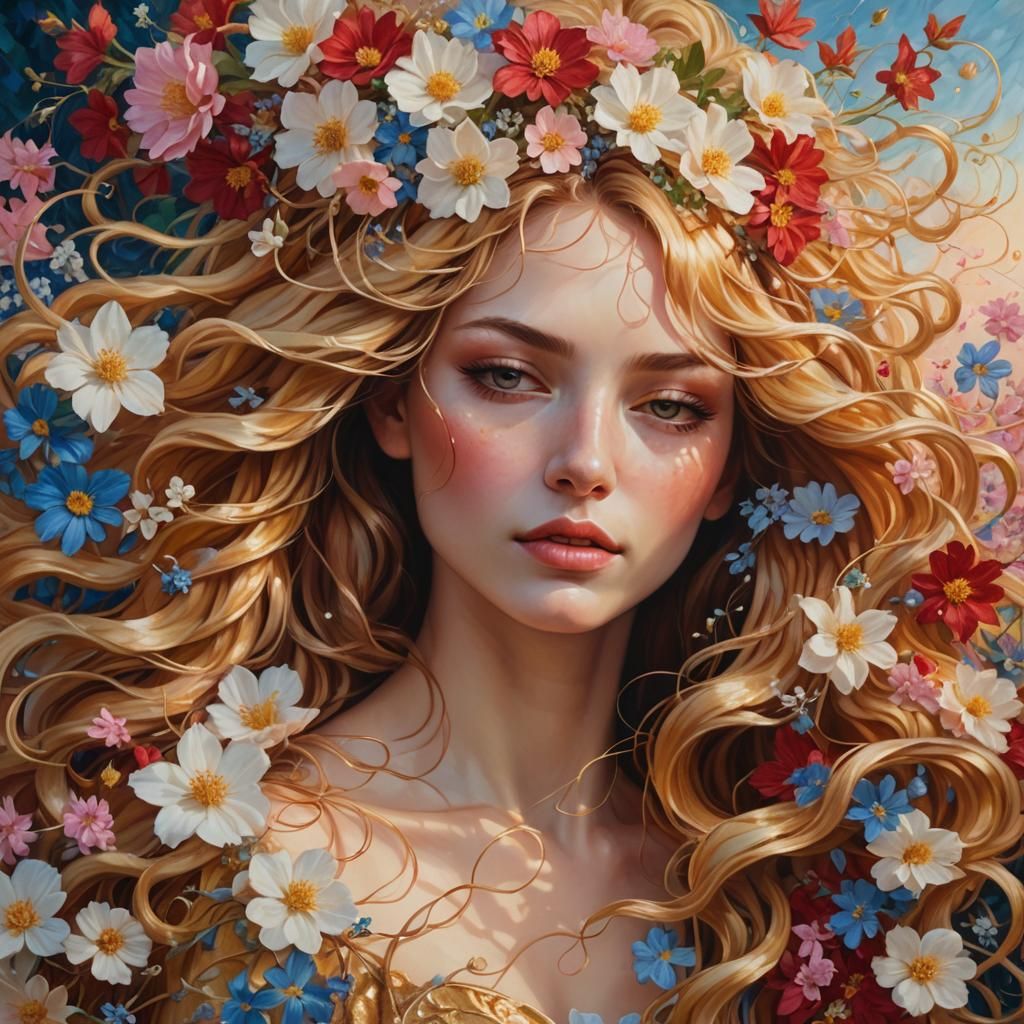 Fantasy Woman Portrait with Flowers as Oil Painting