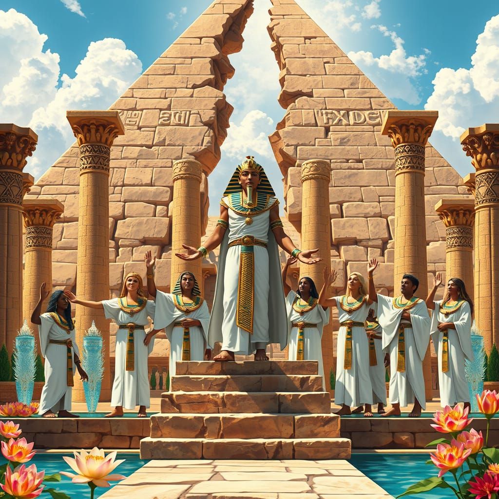 Ancient Egyptians Hail Golden Pharaoh Under Broken Pyramid