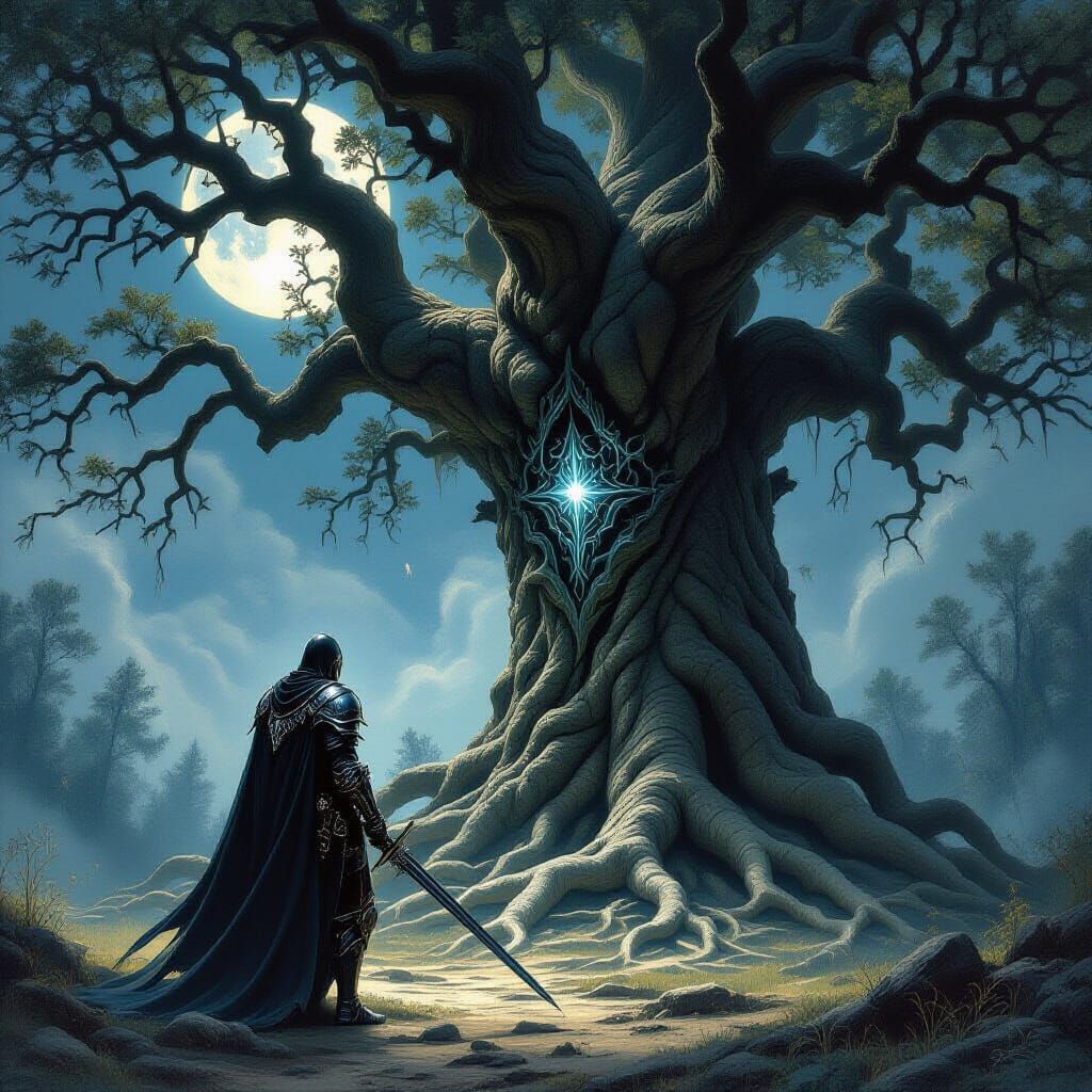 Knight Before Ancient Tree in Dark Fantasy Style