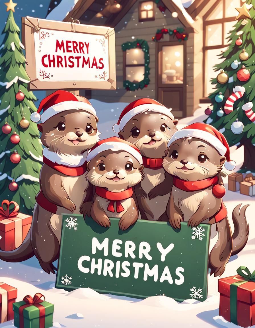 Otters Celebrate Christmas in Chibi Style