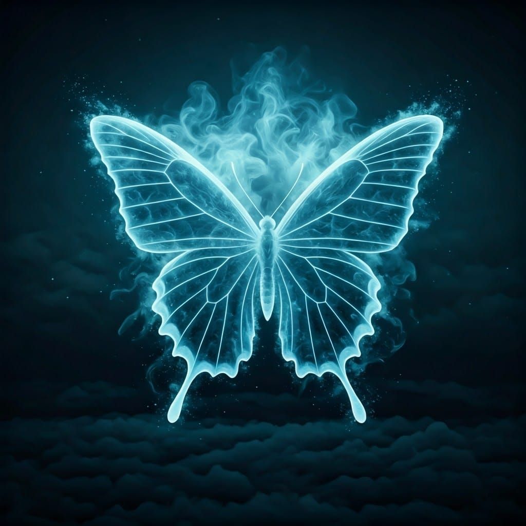 Ethereal Butterfly Silhouette of Blue Smoke at Night