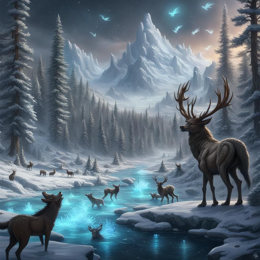 Cosmic Winter Riverscape with Dragons and Animals