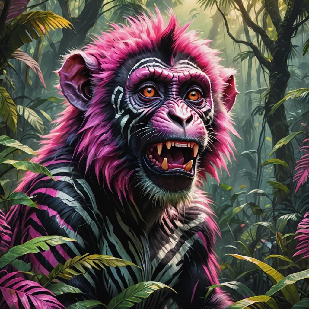Striking Pink Zebra Monkey Screaming in Jungle
