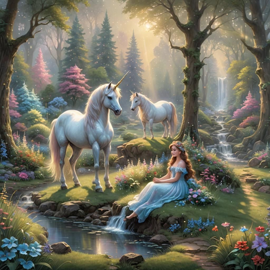 Ethereal Unicorn in Forest Scene as Kinkade Painting