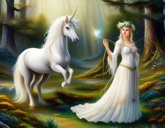 Maiden and White Unicorn in Evergreen Forest