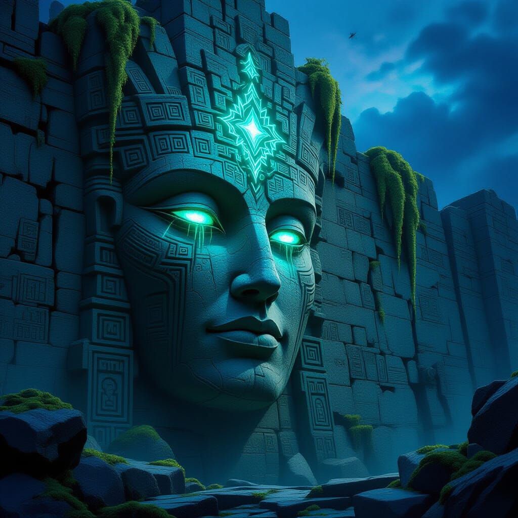 Ancient Wall with Glowing Face Symbols in Twilight