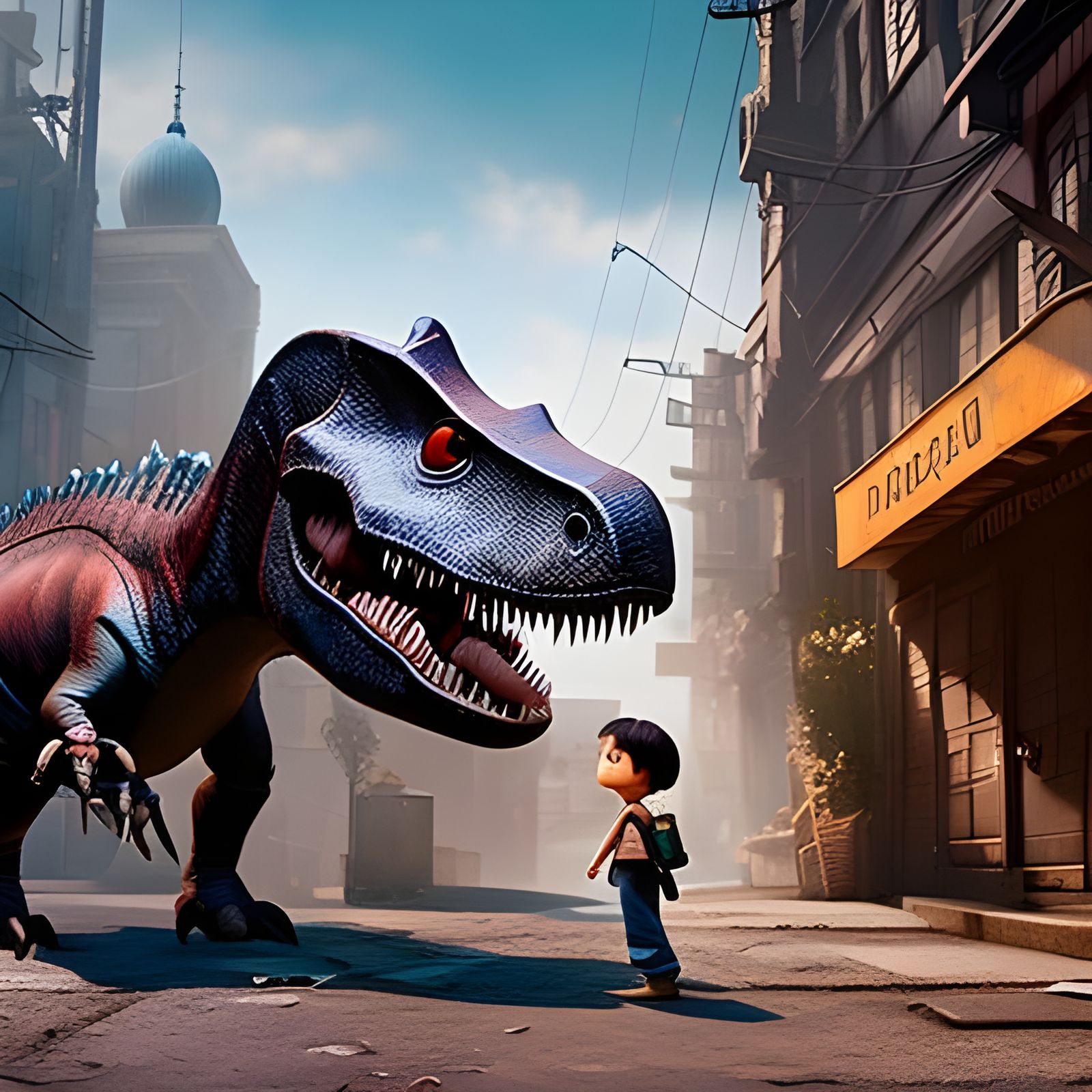 Beggar Dinosaur in Alleyway: Digital Art