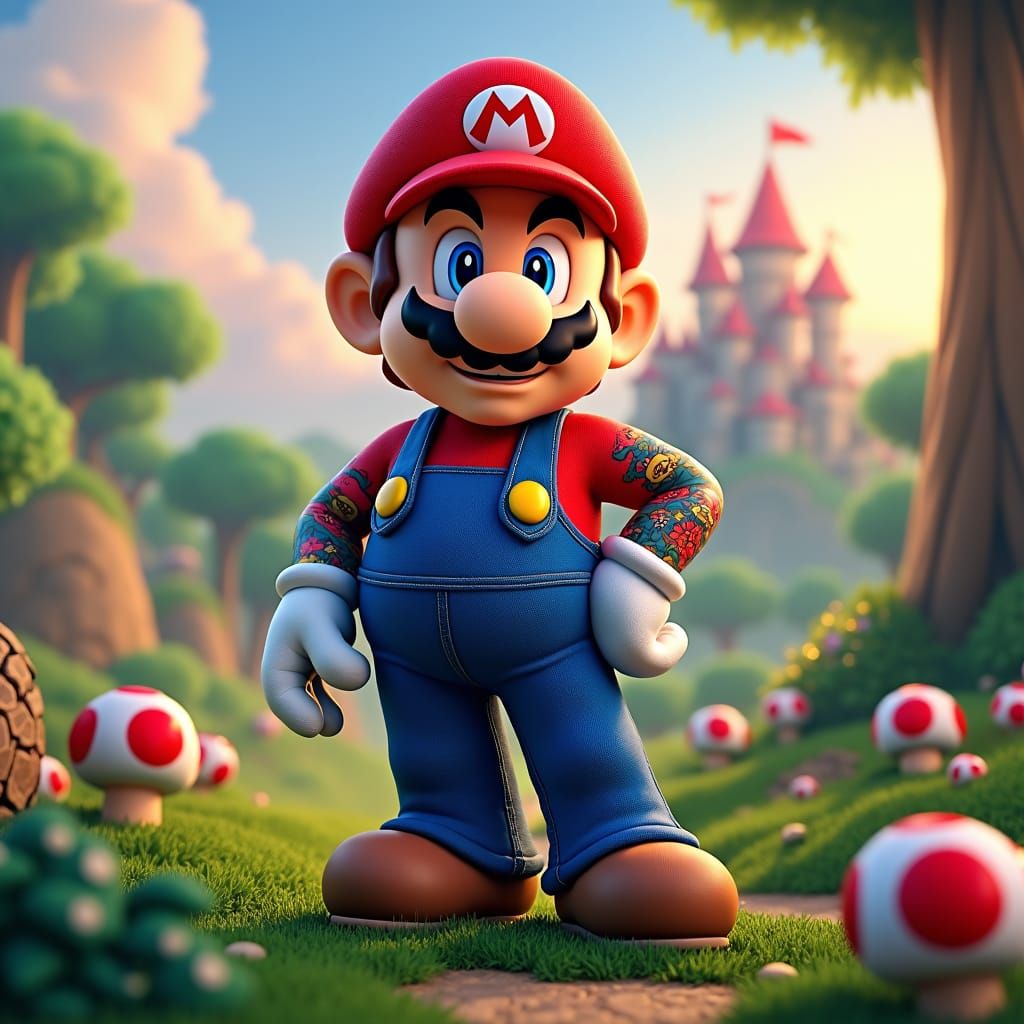 Mario with Tattoos in a Fantasy Landscape