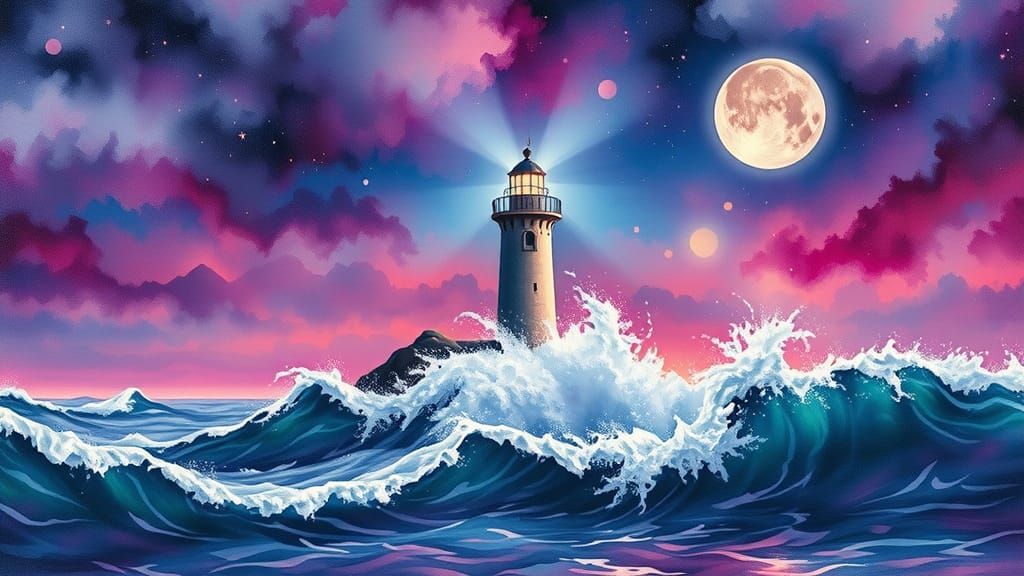 Watercolor Lighthouse Fantasy with Planets and Pink Hues