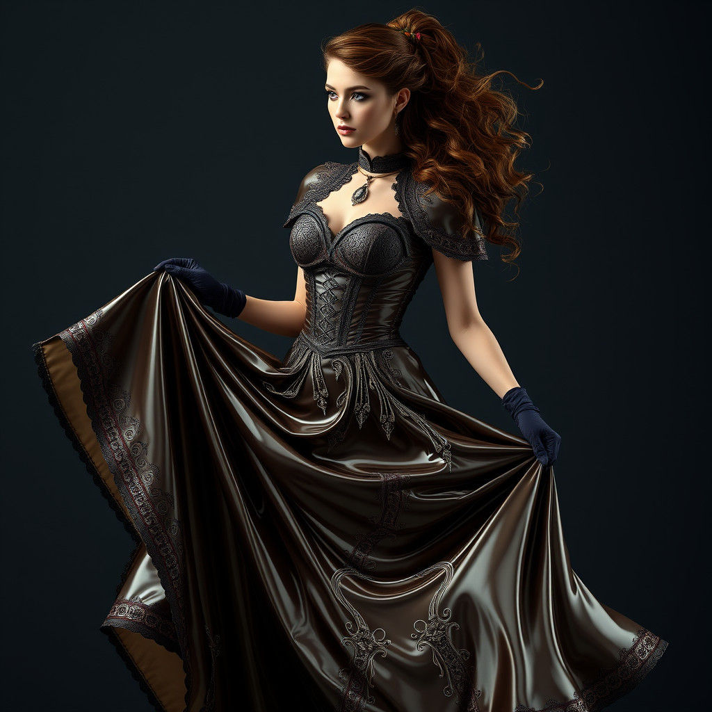 Woman in Intricate Latex Victorian Dress