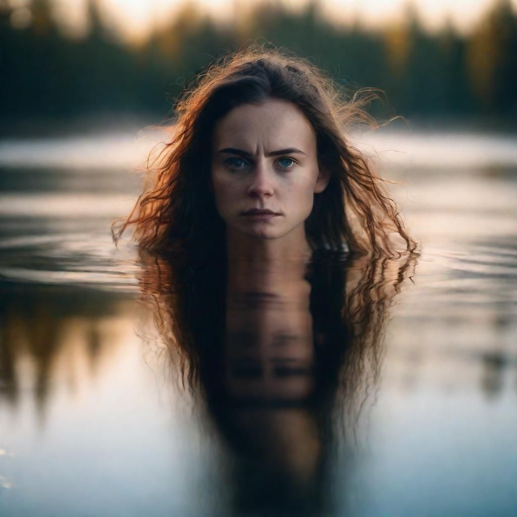 Woman's Distorted Reflection in Misty Lake: Cinematic Photo