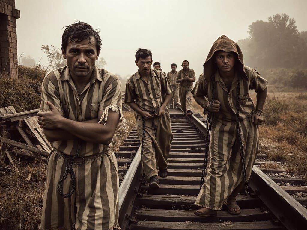 Prisoners in Faded Sepia Tones, Laboring on a Rural Railway