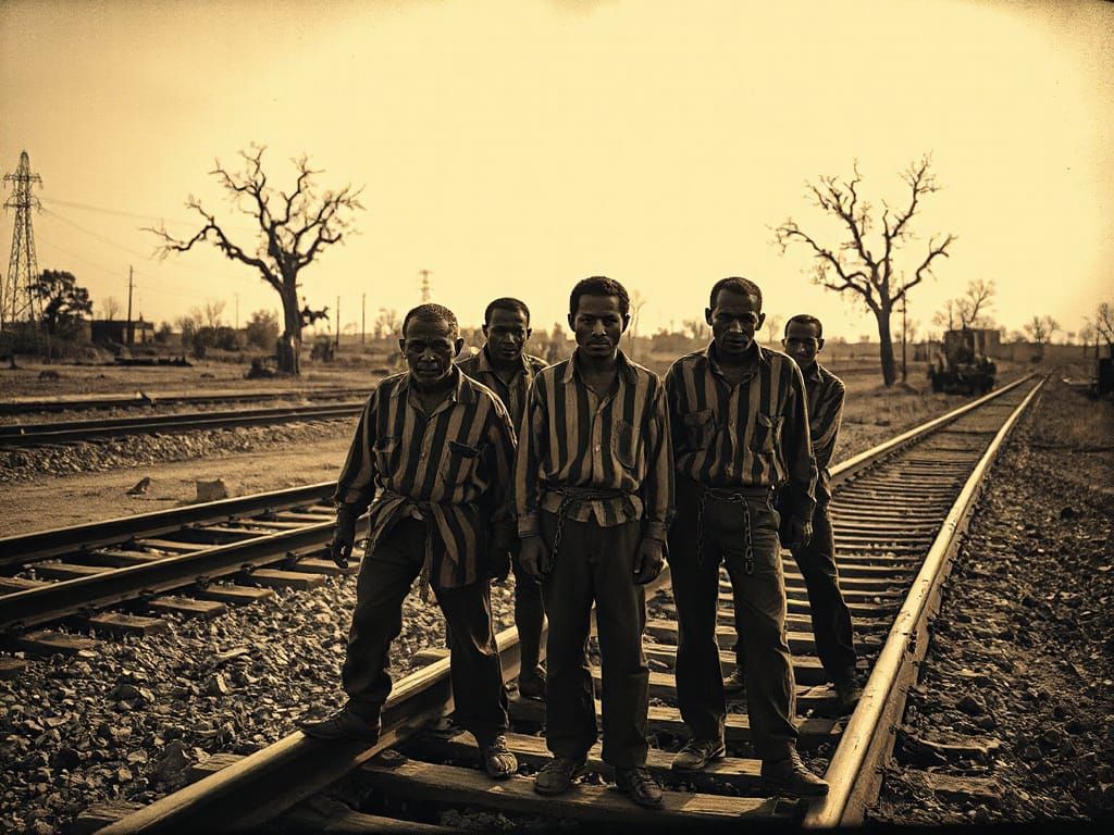 Forlorn Prisoners Labor on a Desolate Railway Line in Faded ...