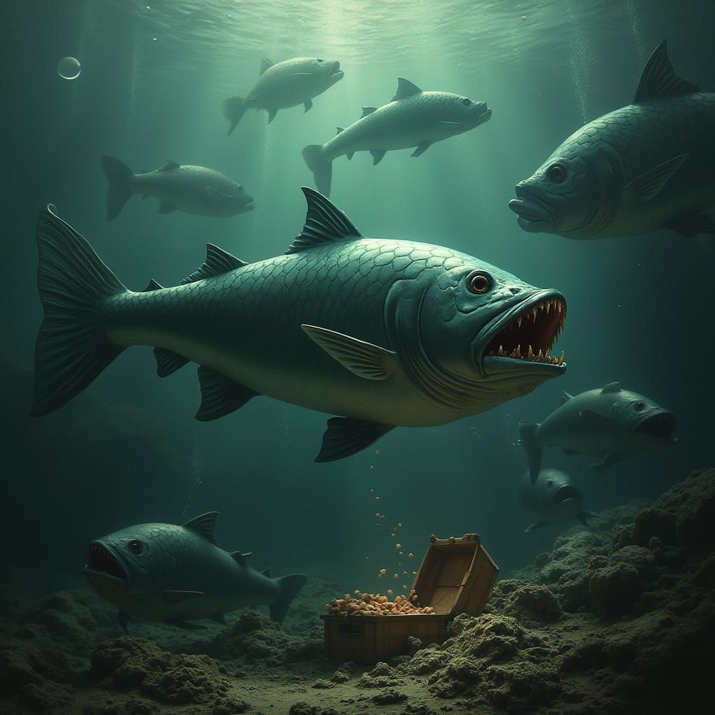 Vicious Piranhas Devour Treasure in a Dark, Futuristic Abyss