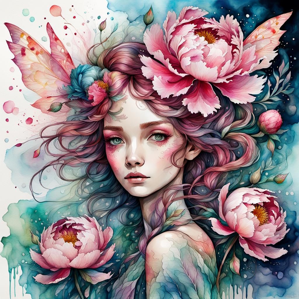 Peony Fairy in Watercolor and Alcohol Ink