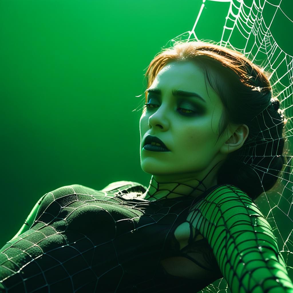 Gothic Woman in Spiderweb Under Green Sky