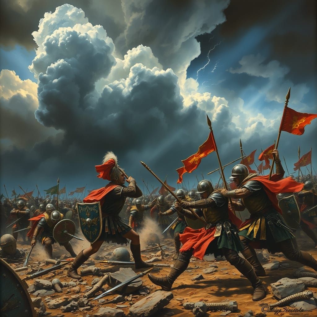 Medieval Warriors Clash in a Frenzied Stormy Battle Scene
