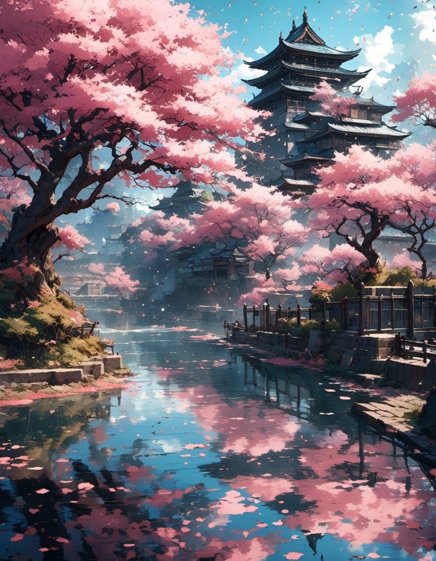 Pink Cherry Blossom Fantasy in Watercolor Style