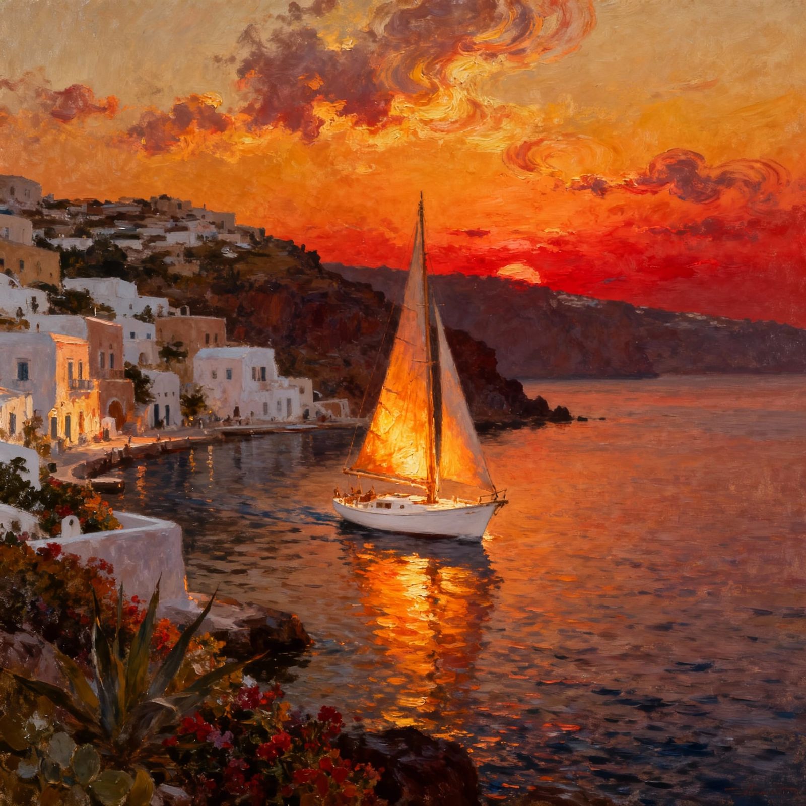 Santorini Port at Sunset: Oil Painting