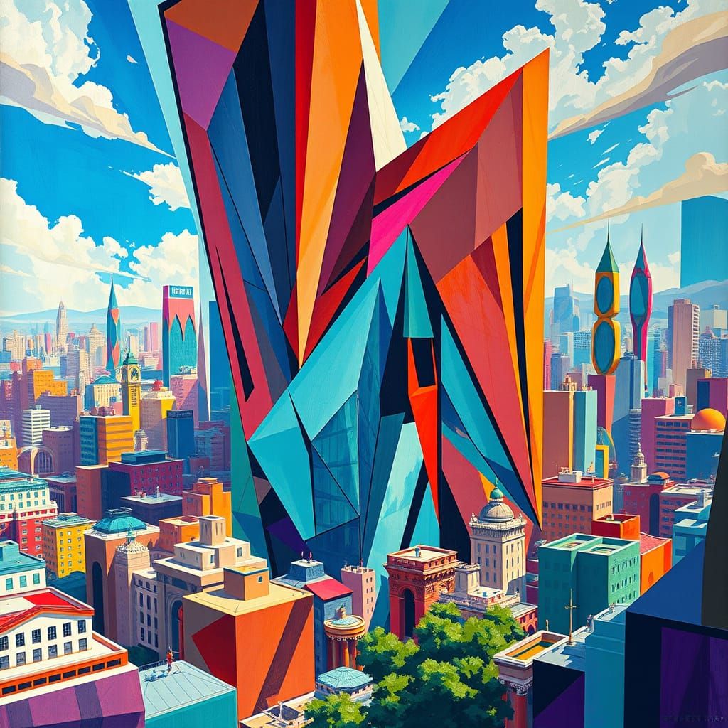 Vibrant Geometric Cityscape in Fauvist Style with Neo-Cubist...