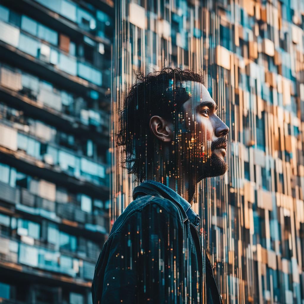 Surreal Glitch: Person Defying Gravity on Building