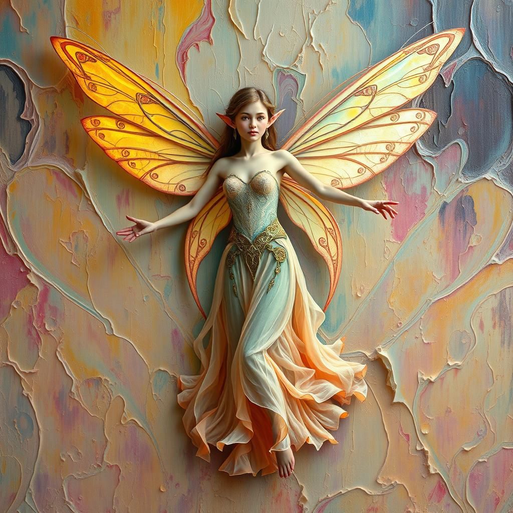 Pastel Fairy Elf with Wings in Impasto Style