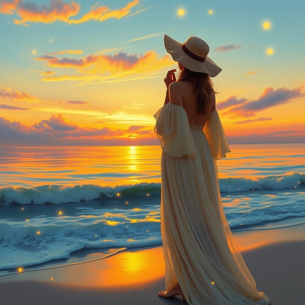 Serenely Gazing Woman Amidst Sunset Glow and Twinkling Firef...