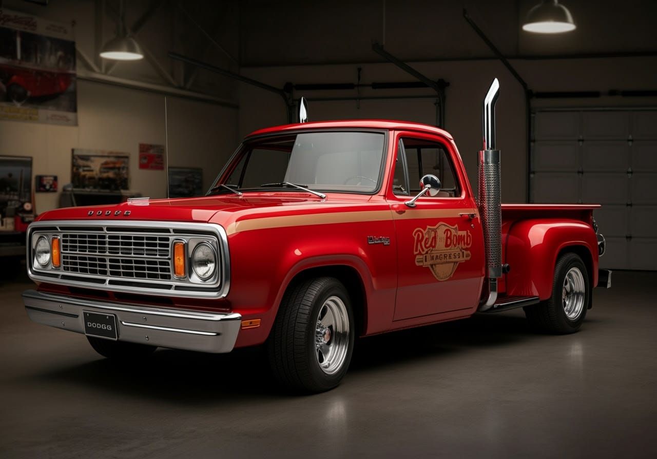 Vintage Red Bomb Muscle Truck in Retro Garage
