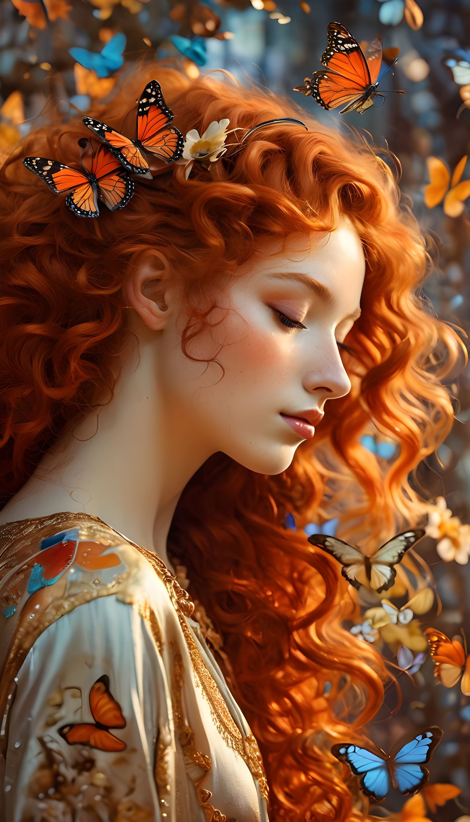 Surreal Woman Portrait with Cats and Butterflies