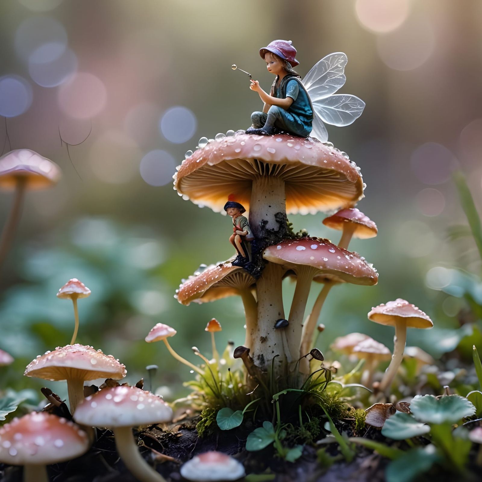 Macro photography of a tiny fairy sitting on a mushroom. Dew...