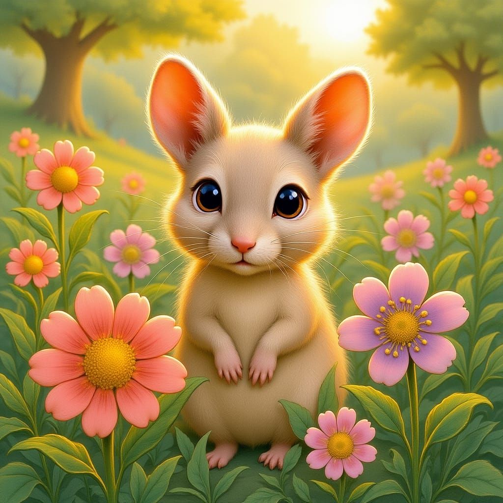 Shy Mouse Peeking in Whimsical Garden Illustration