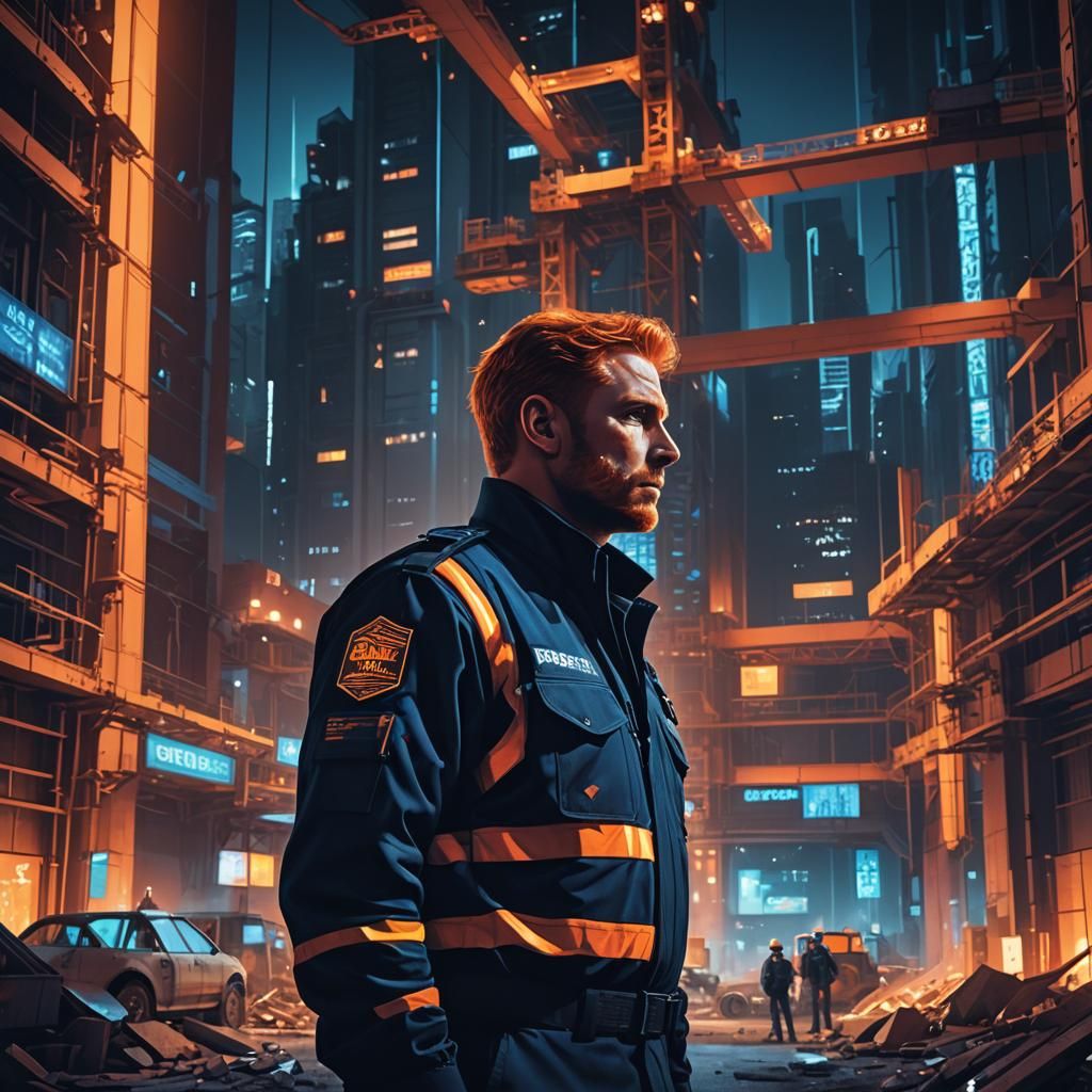 Red-Haired Guard in Futuristic Construction Site