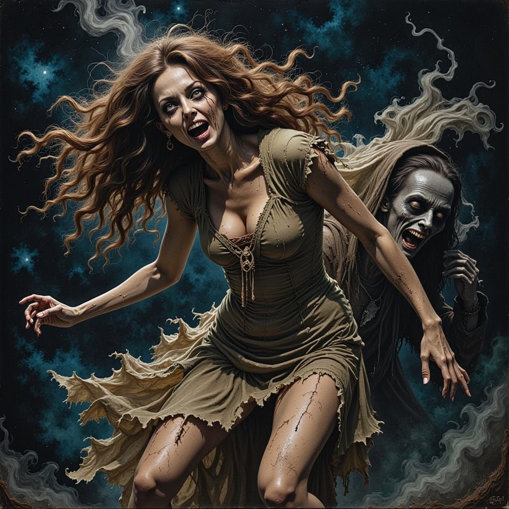 A terrified woman is being pursued by a horrifying zombie fi...