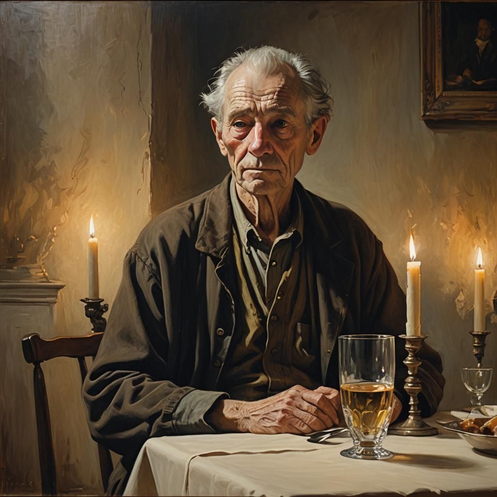 An Old Man's Somber Reflection in Warm Golden Light